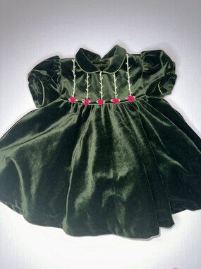 VTG Class Club Baby Dress Girl’s 18 Months Olive Green Velvet Roses Trim